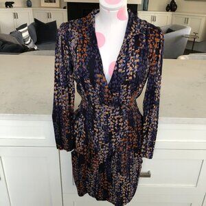 Reiss Esmerelda-Coco Moon Print Deep V Nk Mini Dress Navy Burnt Org Tan Sz 6 NWT